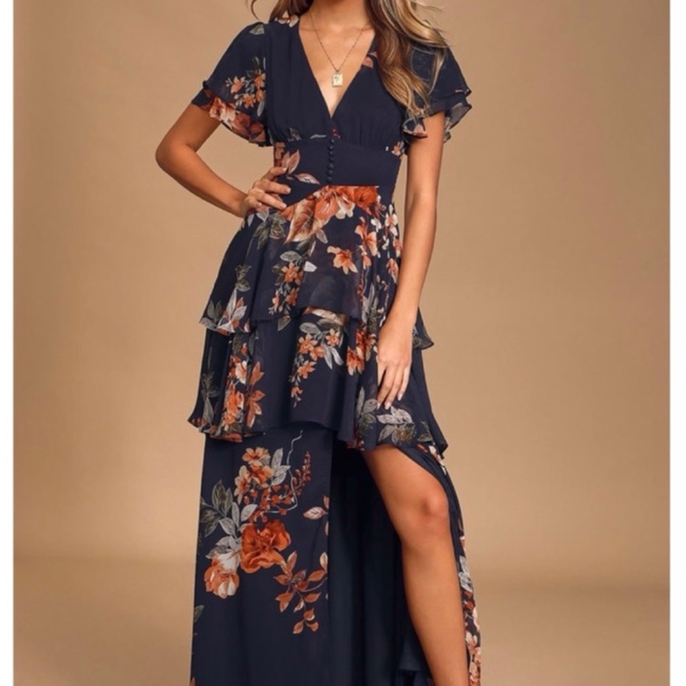 New Midnight Mood Navy Blue Floral Print Tiered Maxi Dress LuLu’s